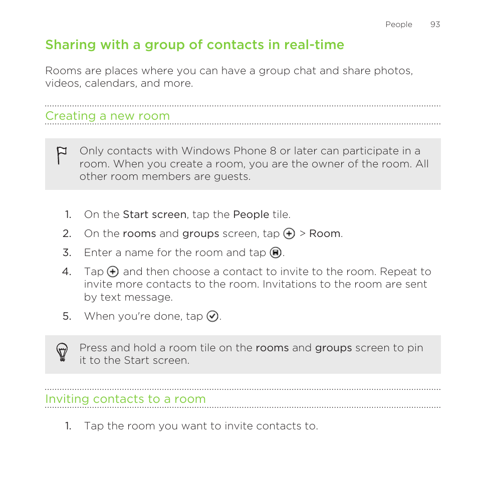 Sharing with a group of contacts in real-time, Creating a new room, Inviting contacts to a room | HTC One M8 for Windows User Manual | Page 93 / 204