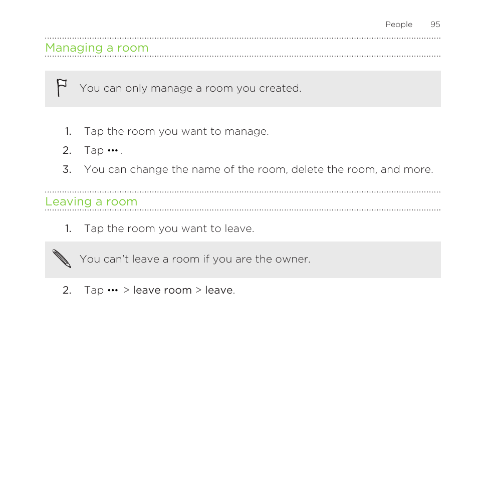 Managing a room, Leaving a room | HTC One M8 for Windows User Manual | Page 95 / 204