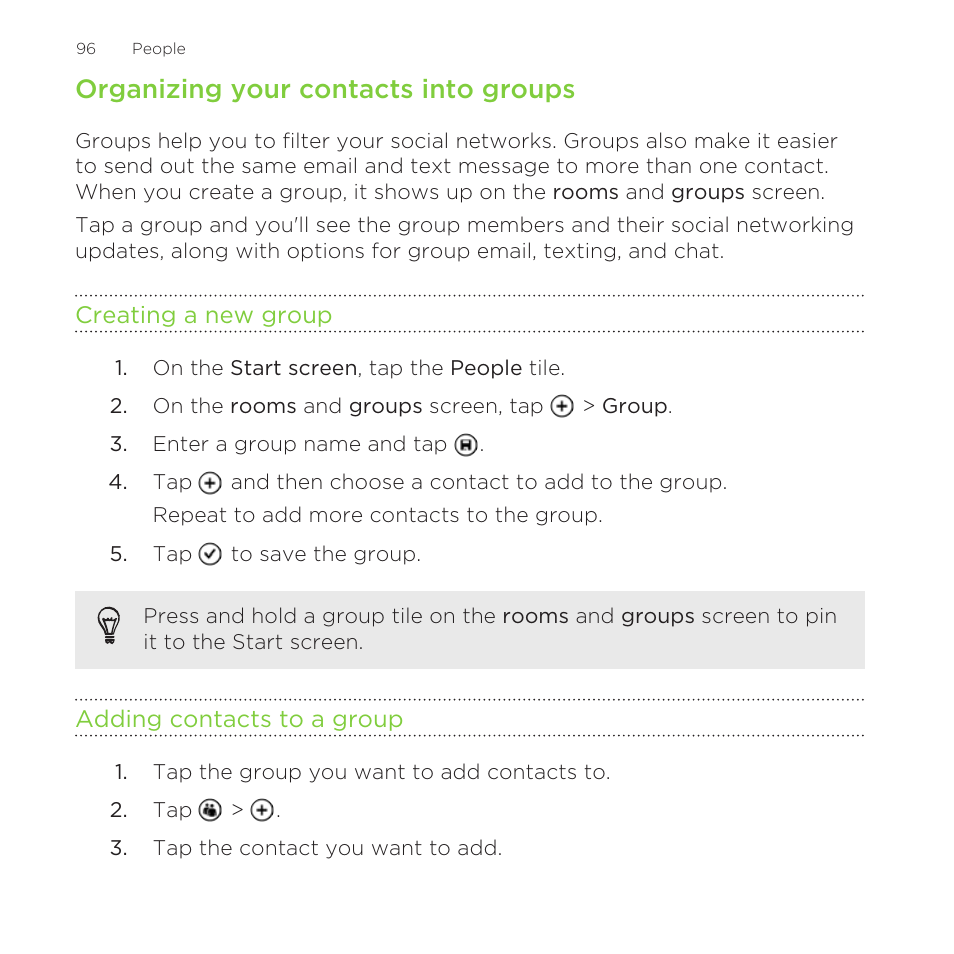 Organizing your contacts into groups, Creating a new group, Adding contacts to a group | HTC One M8 for Windows User Manual | Page 96 / 204