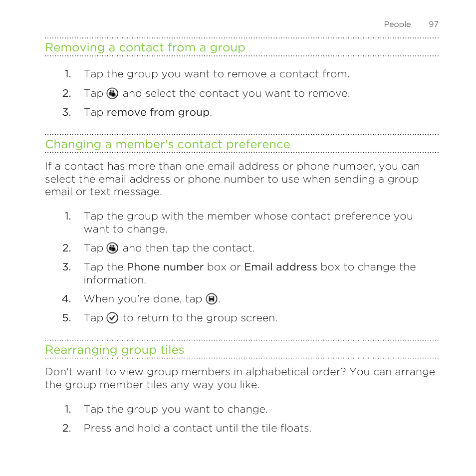 Removing a contact from a group, Changing a member's contact preference, Rearranging group tiles | HTC One M8 for Windows User Manual | Page 97 / 204