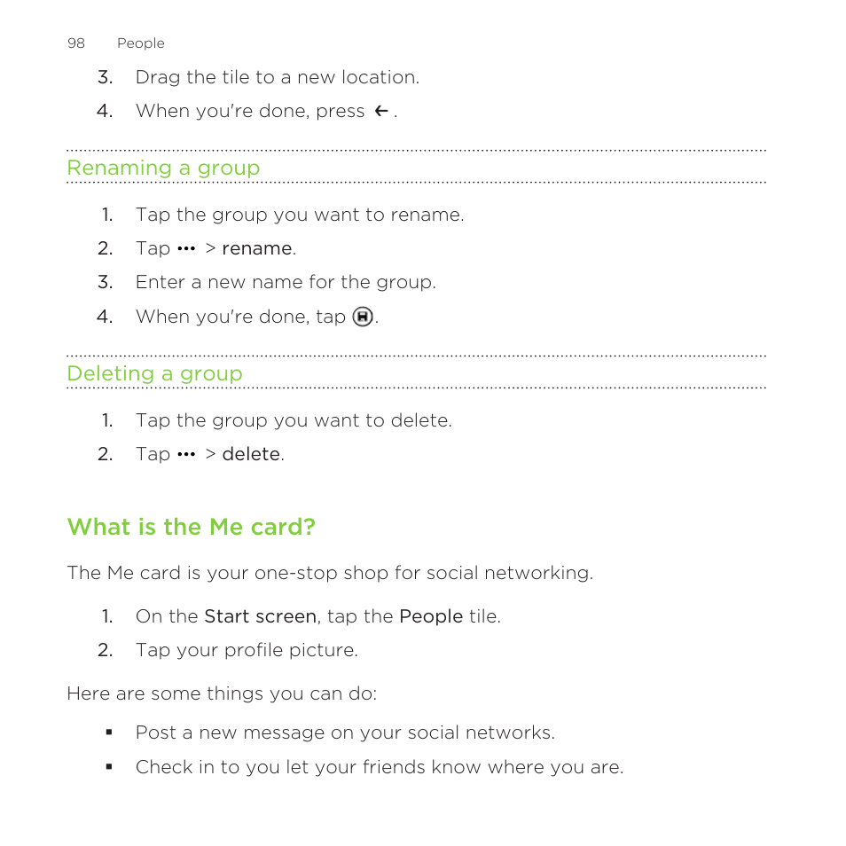 Renaming a group, Deleting a group, What is the me card | HTC One M8 for Windows User Manual | Page 98 / 204