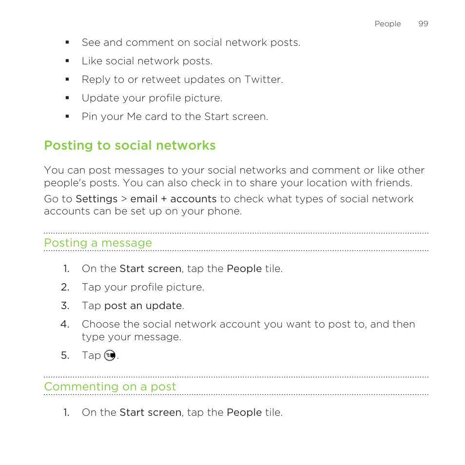 Posting to social networks, Posting a message, Commenting on a post | HTC One M8 for Windows User Manual | Page 99 / 204