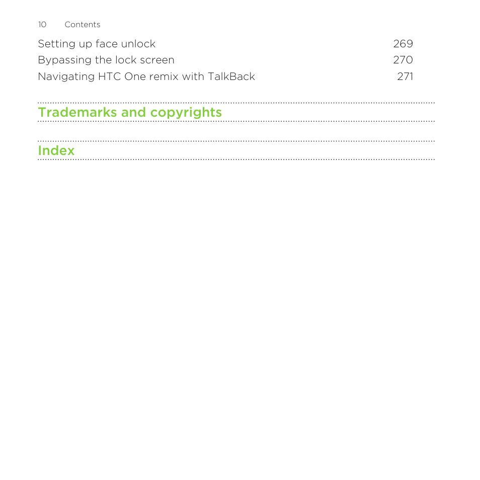 Trademarks and copyrights index | HTC One Remix User Manual | Page 10 / 285