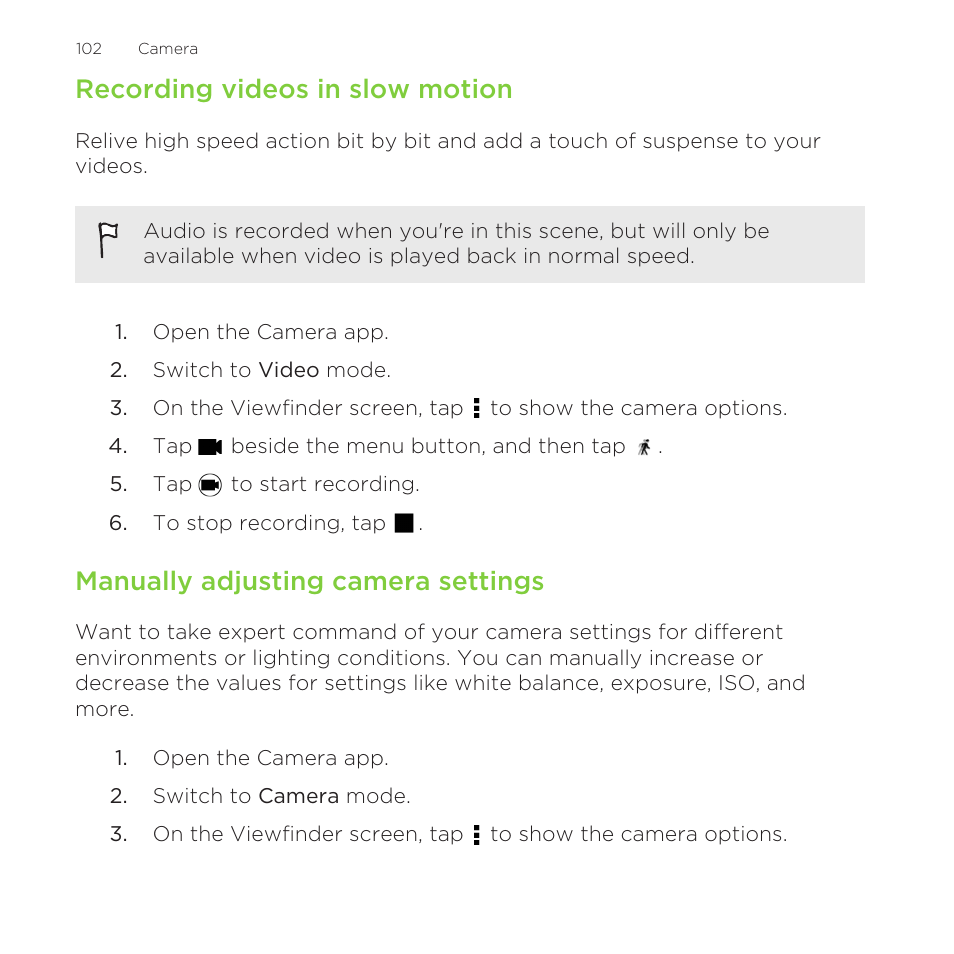 Recording videos in slow motion, Manually adjusting camera settings | HTC One Remix User Manual | Page 102 / 285