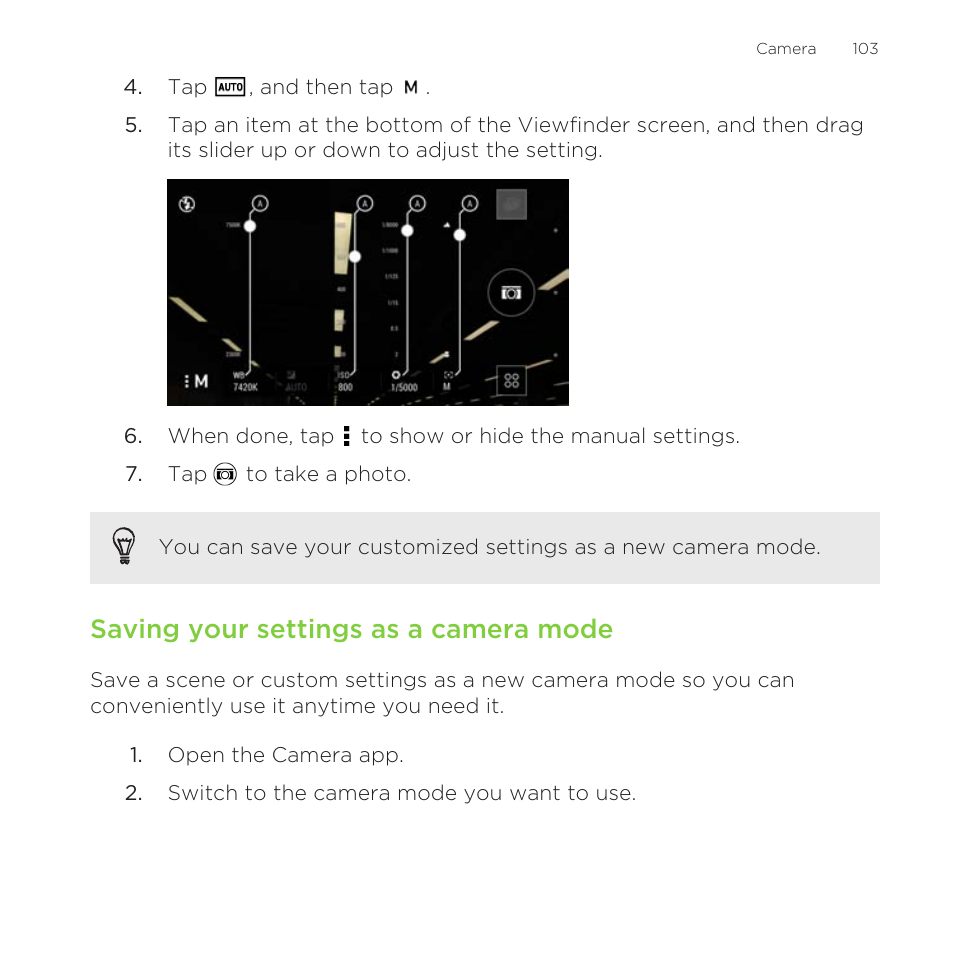 Saving your settings as a camera mode | HTC One Remix User Manual | Page 103 / 285