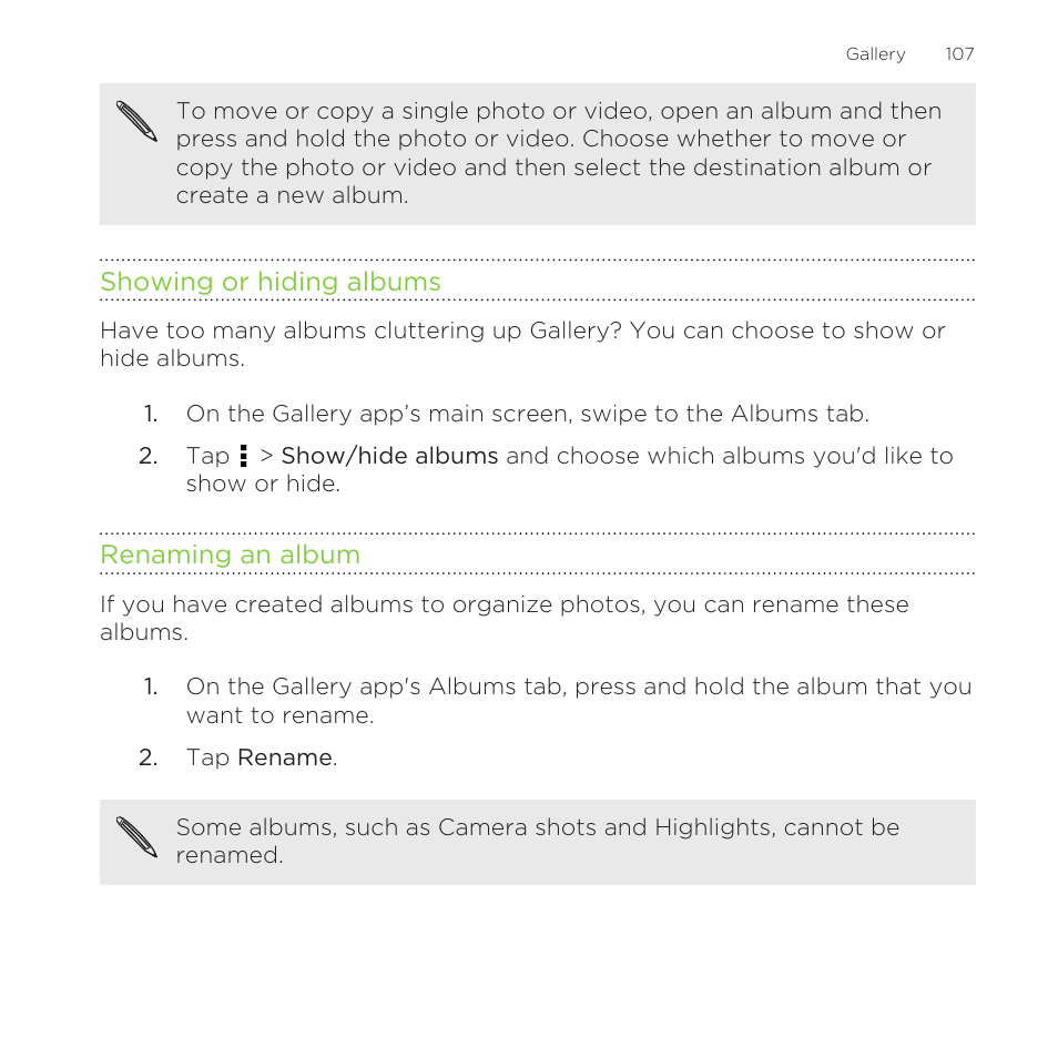 Showing or hiding albums, Renaming an album | HTC One Remix User Manual | Page 107 / 285