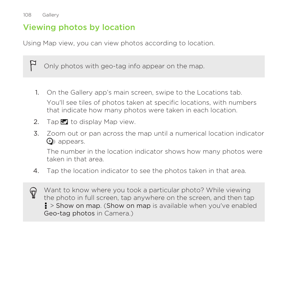 Viewing photos by location | HTC One Remix User Manual | Page 108 / 285