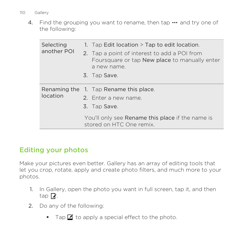 Editing your photos | HTC One Remix User Manual | Page 110 / 285