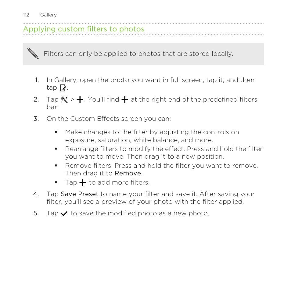 Applying custom filters to photos | HTC One Remix User Manual | Page 112 / 285