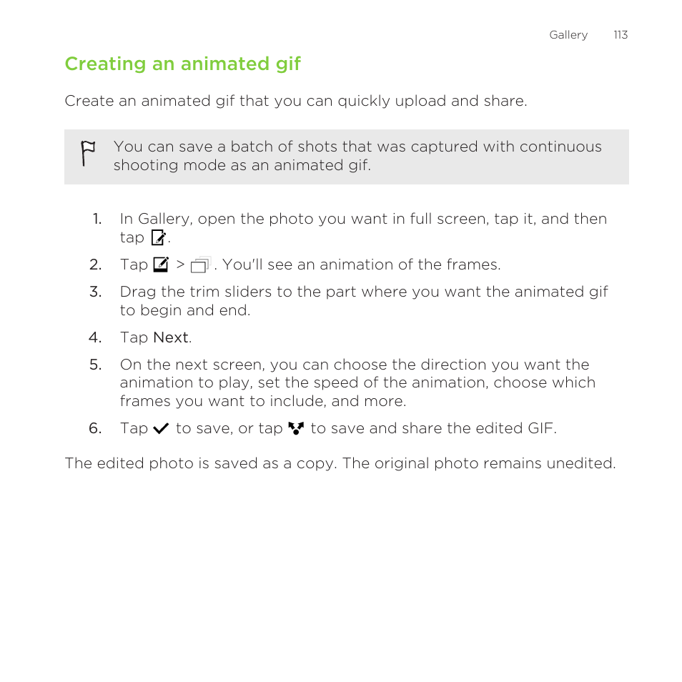 Creating an animated gif | HTC One Remix User Manual | Page 113 / 285