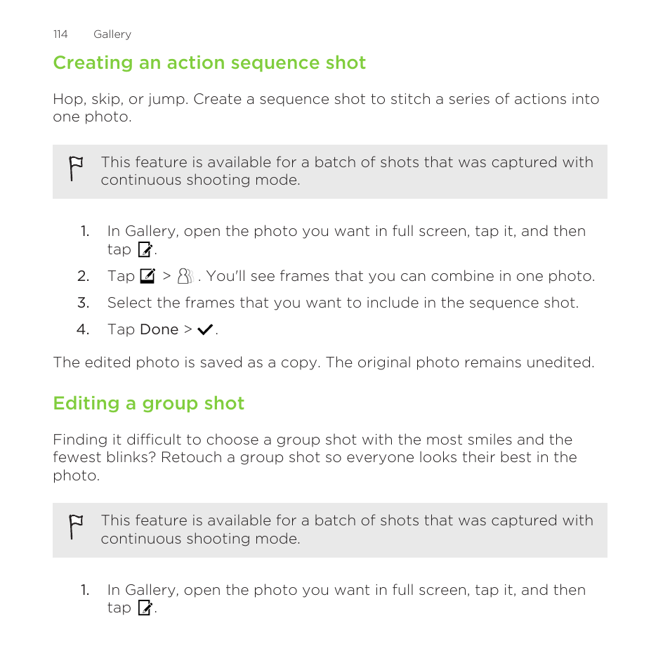 Creating an action sequence shot, Editing a group shot | HTC One Remix User Manual | Page 114 / 285