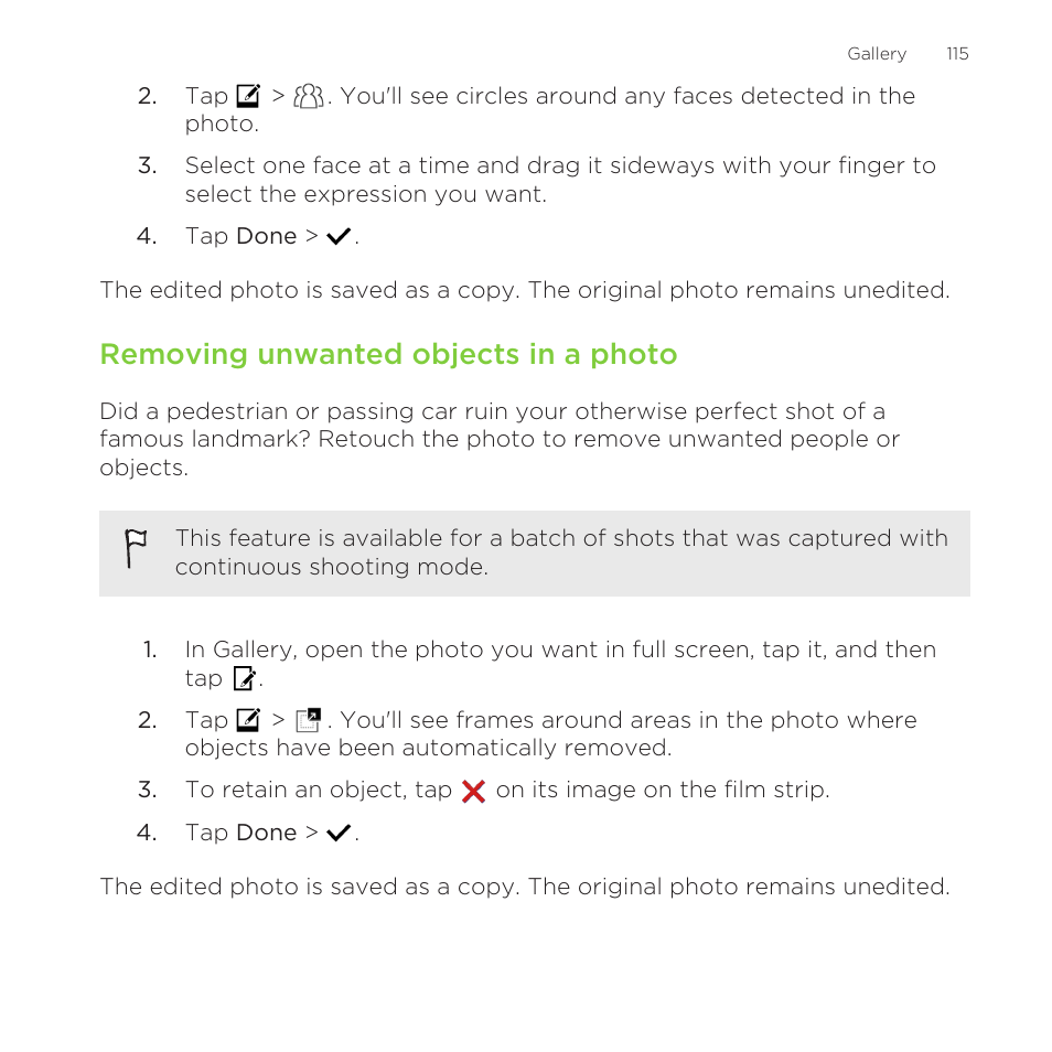 Removing unwanted objects in a photo | HTC One Remix User Manual | Page 115 / 285