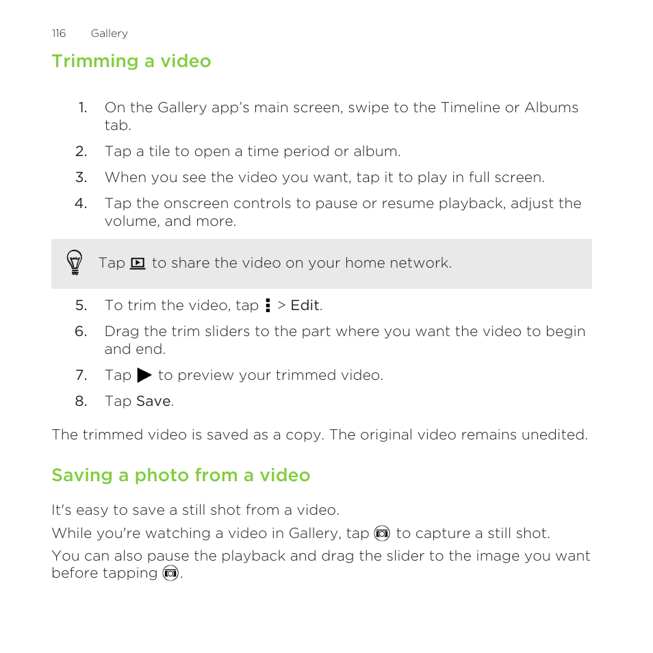 Trimming a video, Saving a photo from a video | HTC One Remix User Manual | Page 116 / 285