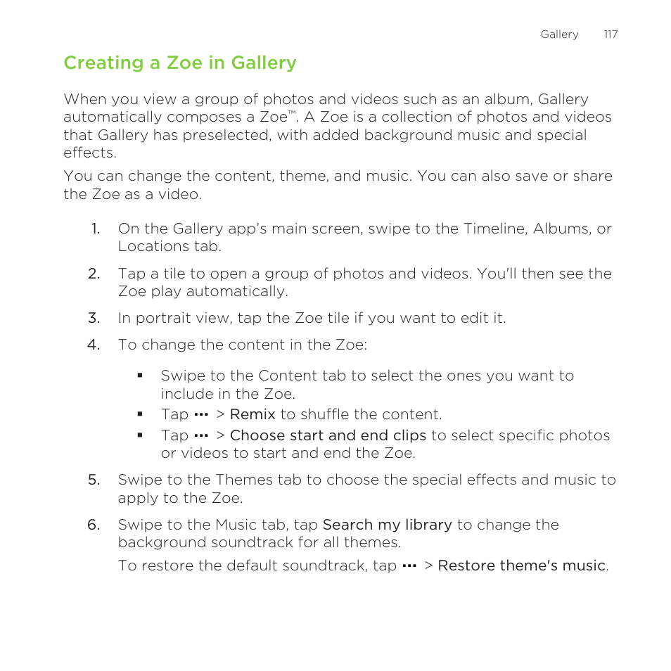 Creating a zoe in gallery, Special effects. see | HTC One Remix User Manual | Page 117 / 285