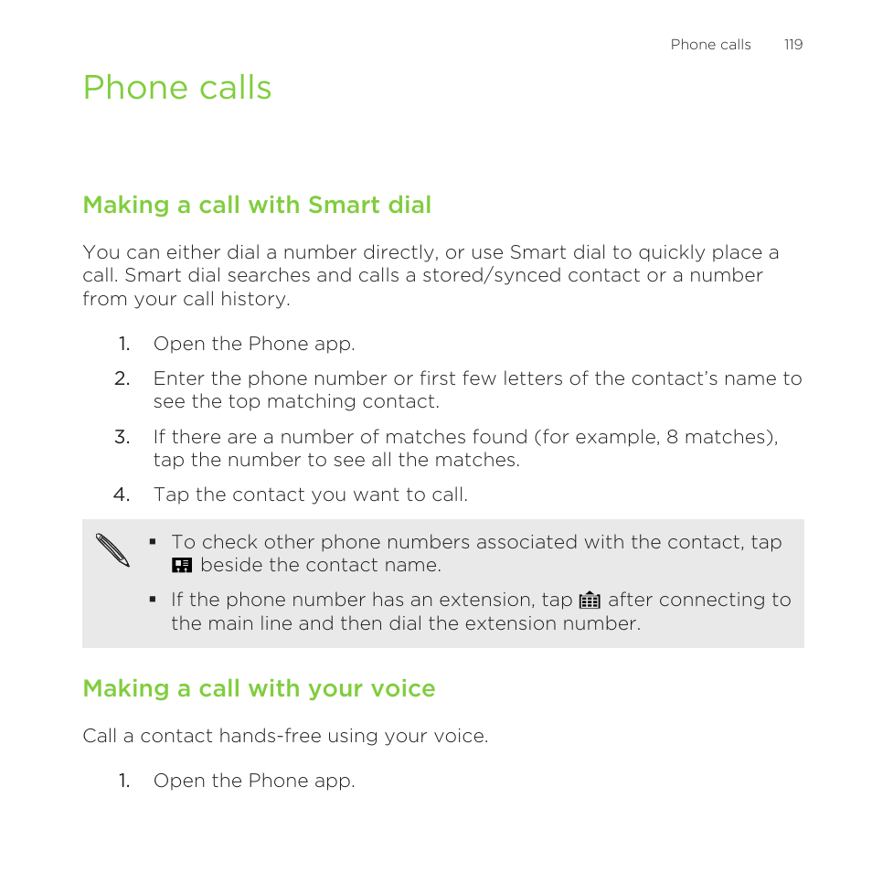 Phone calls, Making a call with smart dial, Making a call with your voice | HTC One Remix User Manual | Page 119 / 285