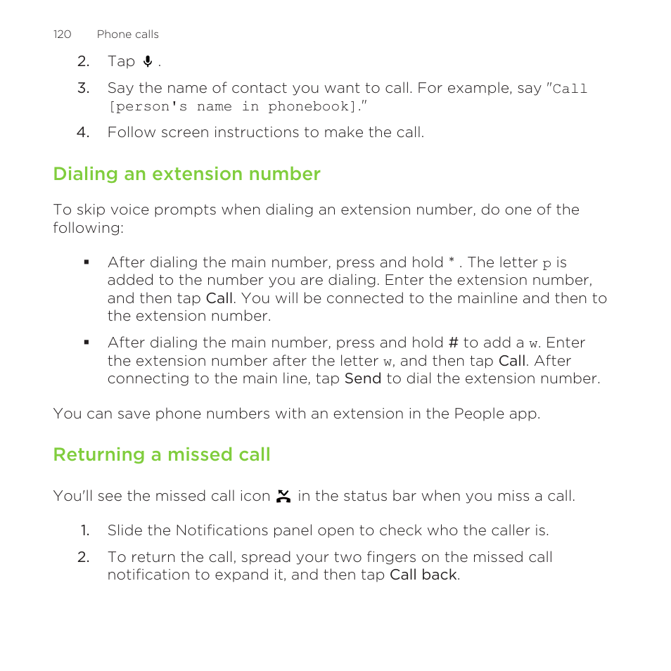 Dialing an extension number, Returning a missed call | HTC One Remix User Manual | Page 120 / 285