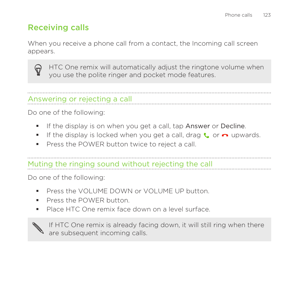 Receiving calls, Answering or rejecting a call | HTC One Remix User Manual | Page 123 / 285
