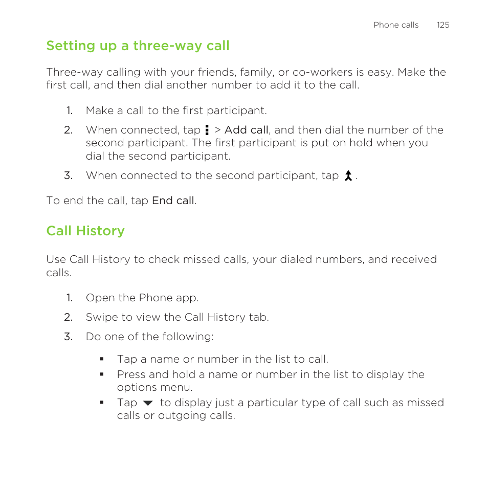 Setting up a three-way call, Call history | HTC One Remix User Manual | Page 125 / 285