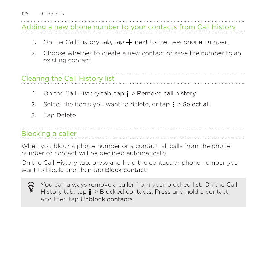 Clearing the call history list, Blocking a caller | HTC One Remix User Manual | Page 126 / 285