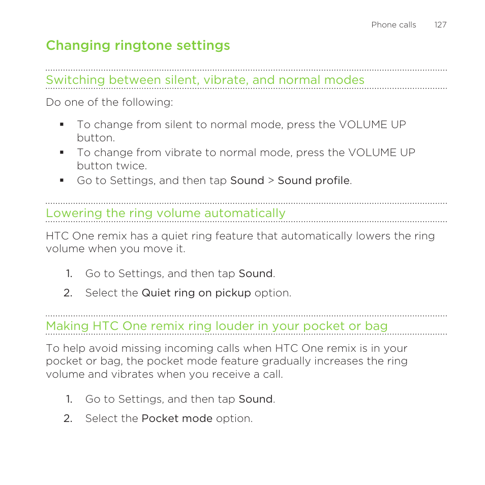 Changing ringtone settings, Lowering the ring volume automatically | HTC One Remix User Manual | Page 127 / 285