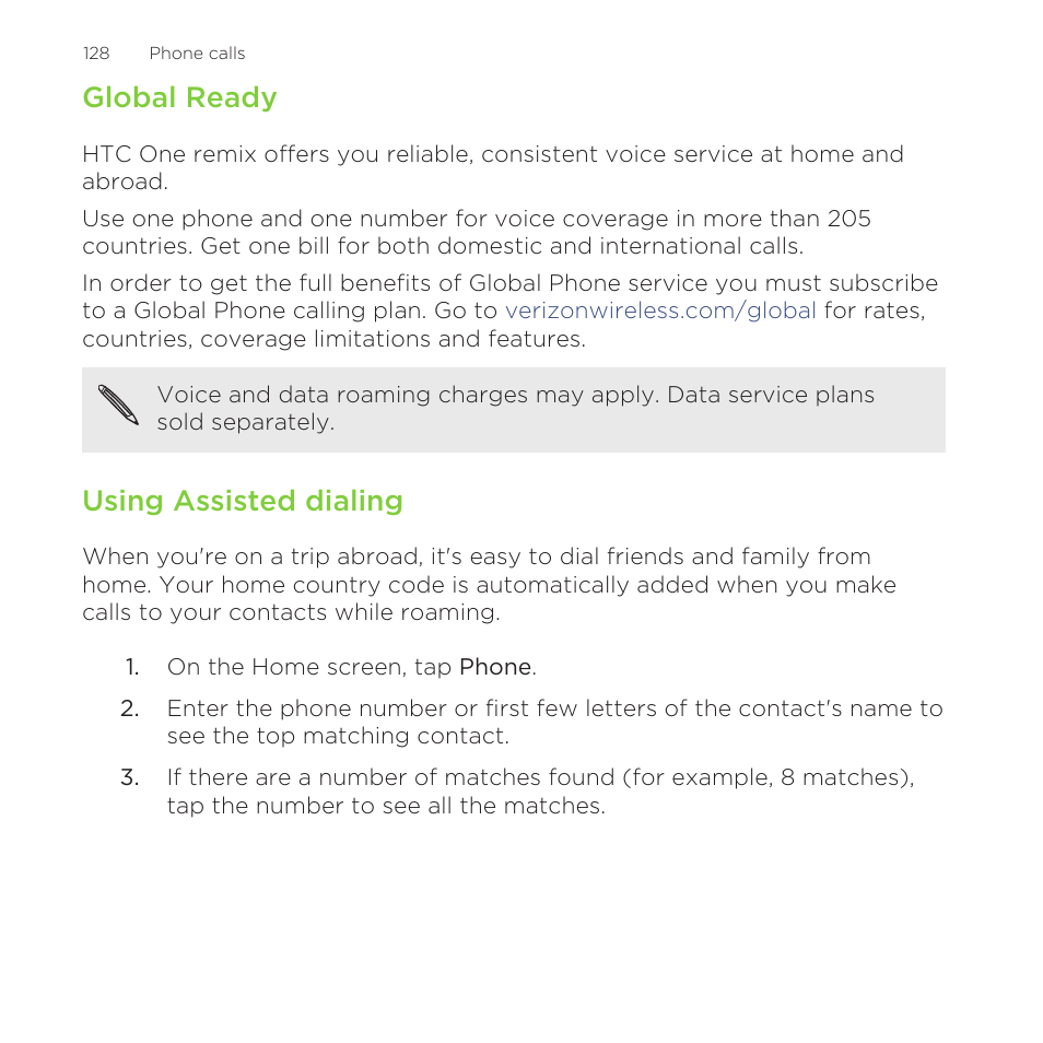 Global ready, Using assisted dialing | HTC One Remix User Manual | Page 128 / 285