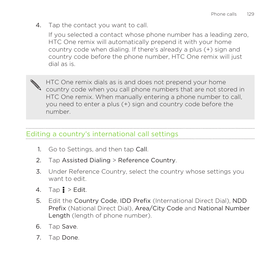 Editing a country’s international call settings | HTC One Remix User Manual | Page 129 / 285