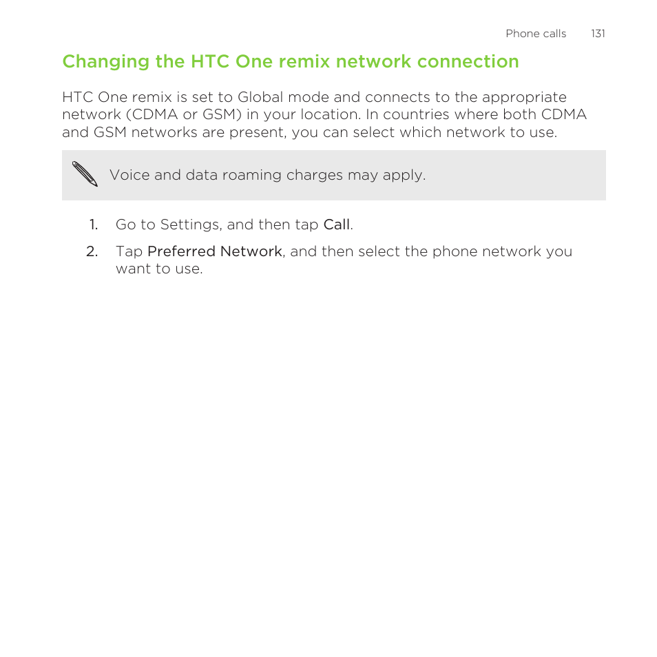Changing the htc one remix network connection | HTC One Remix User Manual | Page 131 / 285