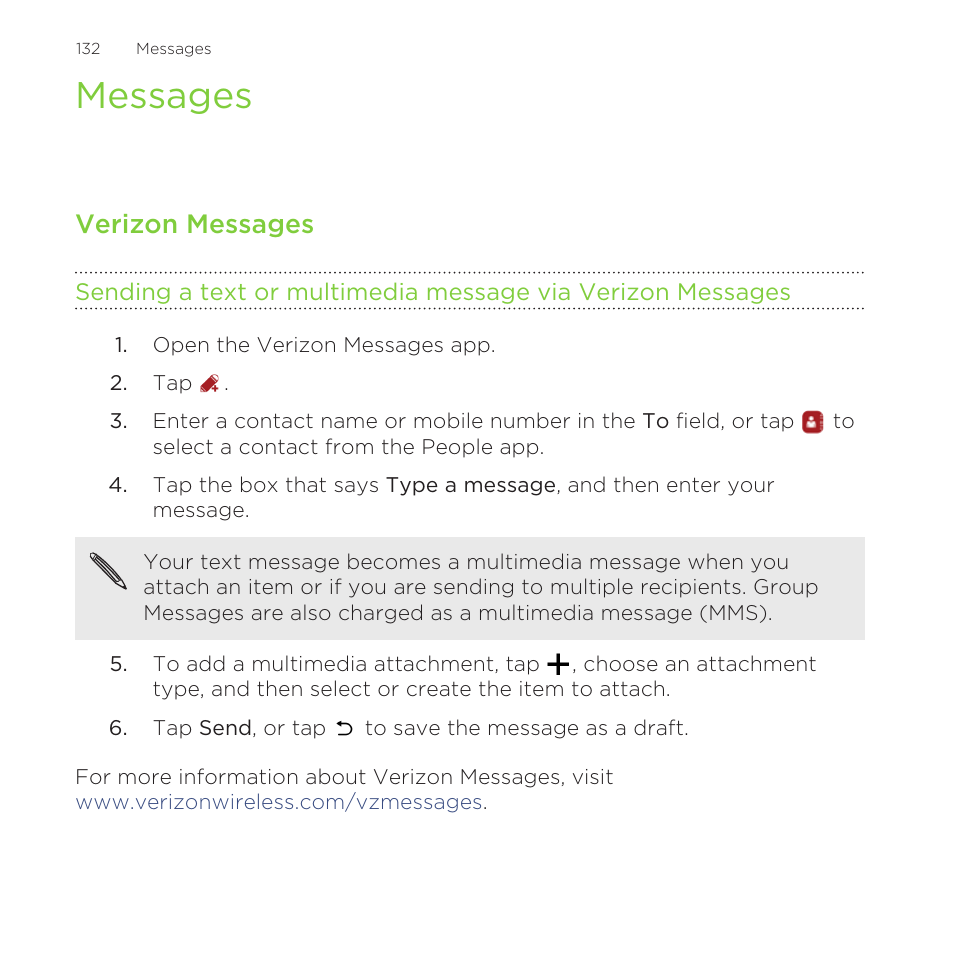 Messages, Verizon messages | HTC One Remix User Manual | Page 132 / 285