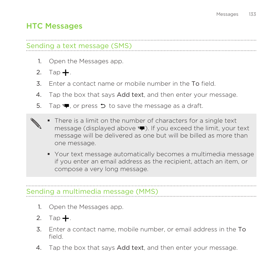 Htc messages, Sending a text message (sms), Sending a multimedia message (mms) | HTC One Remix User Manual | Page 133 / 285