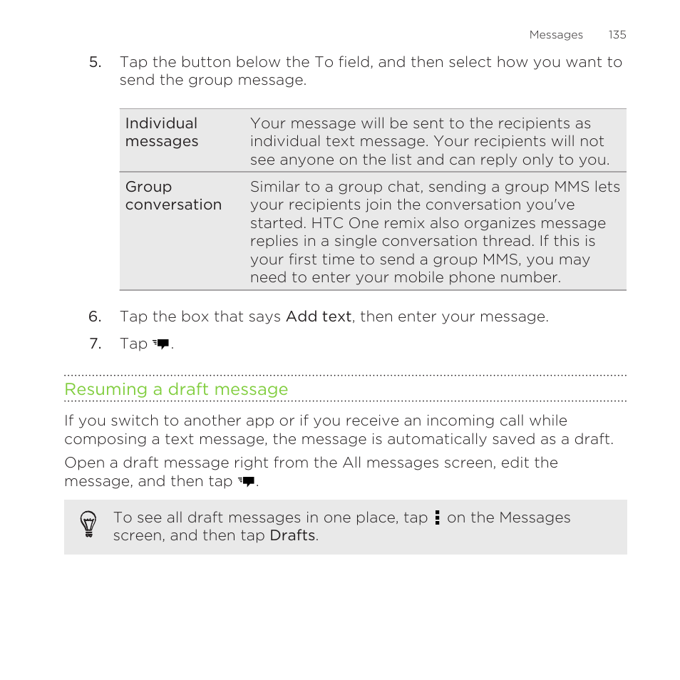 Resuming a draft message | HTC One Remix User Manual | Page 135 / 285