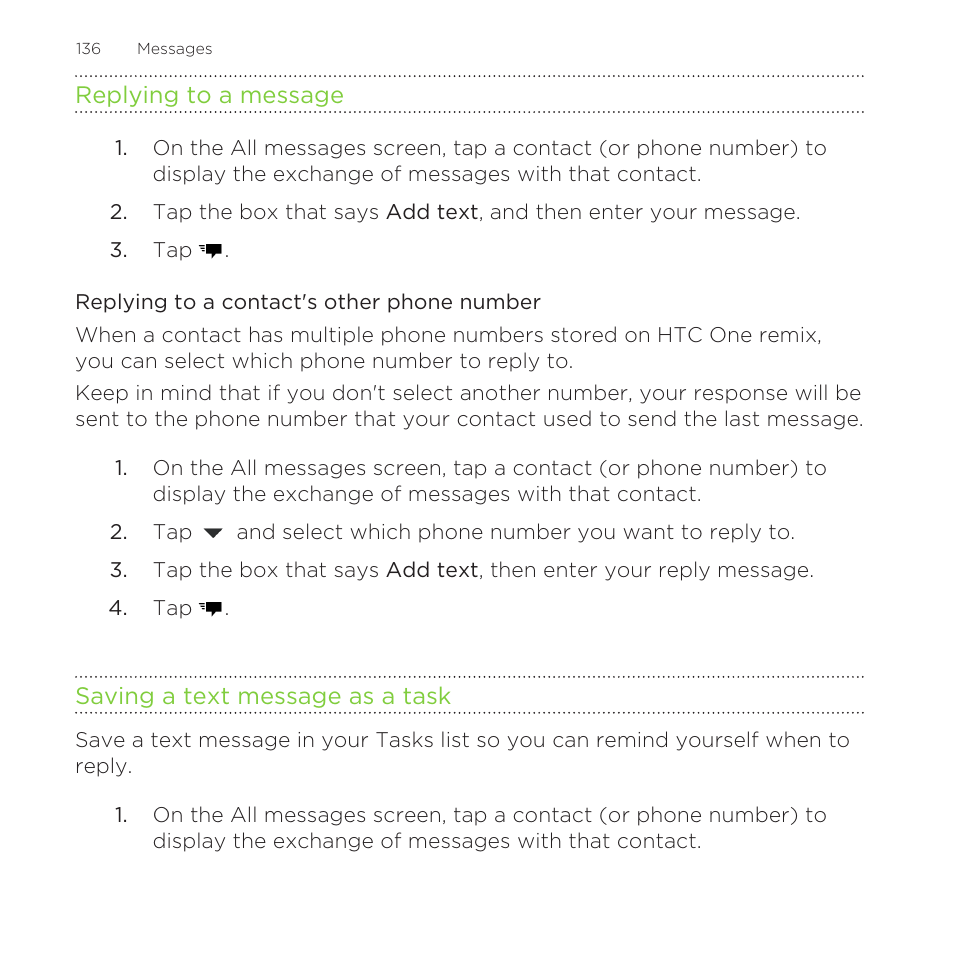 Replying to a message, Replying to a contact's other phone number, Saving a text message as a task | HTC One Remix User Manual | Page 136 / 285