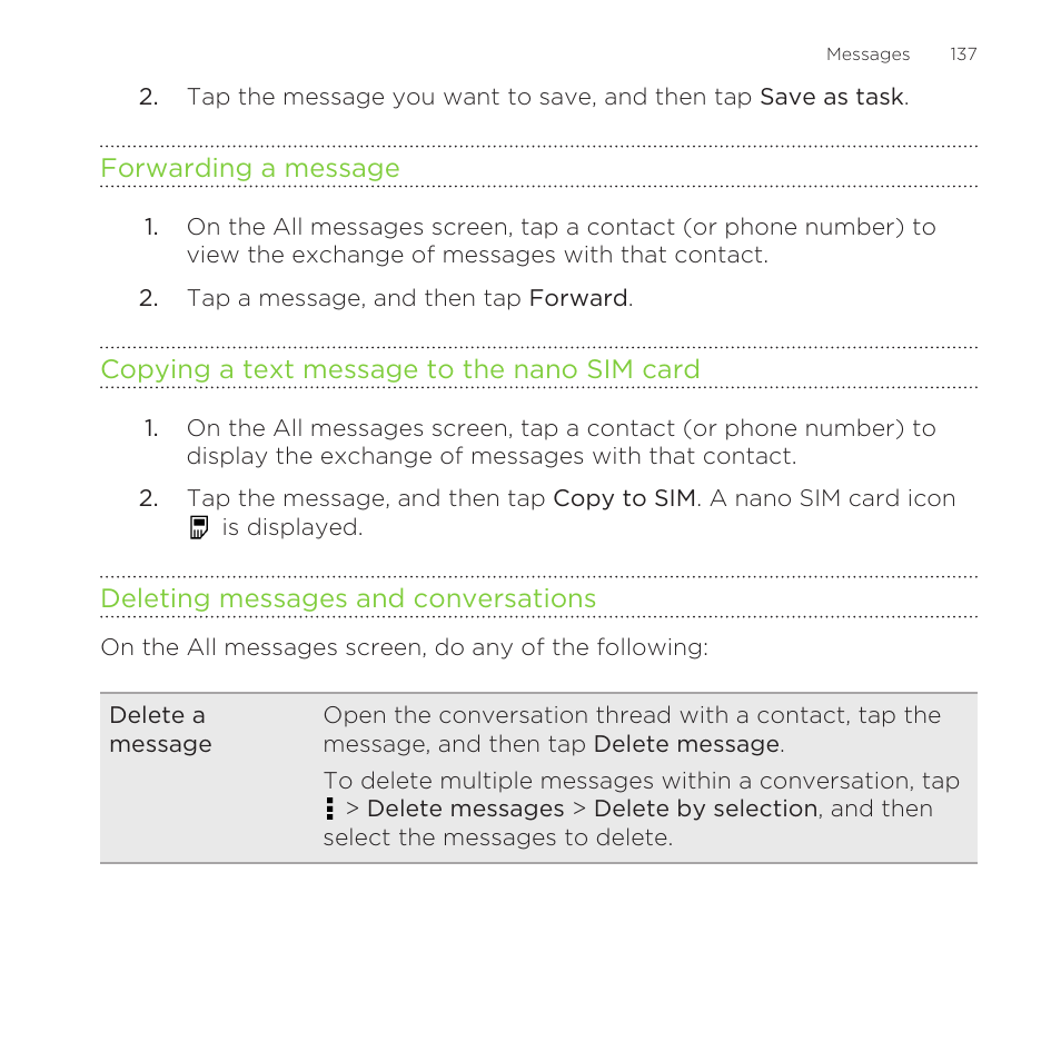 Forwarding a message, Copying a text message to the nano sim card, Deleting messages and conversations | HTC One Remix User Manual | Page 137 / 285