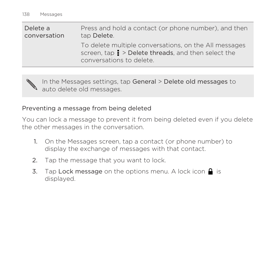 Preventing a message from being deleted | HTC One Remix User Manual | Page 138 / 285