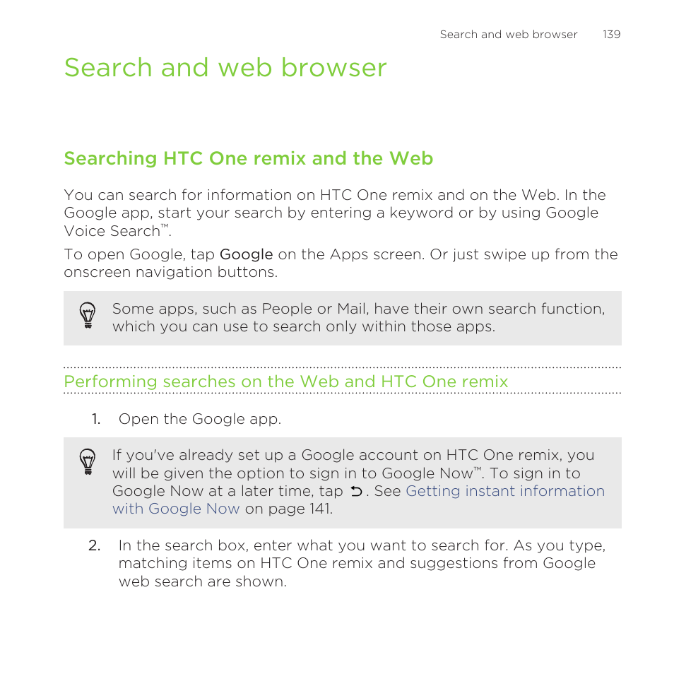 Search and web browser, Searching htc one remix and the web, Performing searches on the web and htc one remix | HTC One Remix User Manual | Page 139 / 285