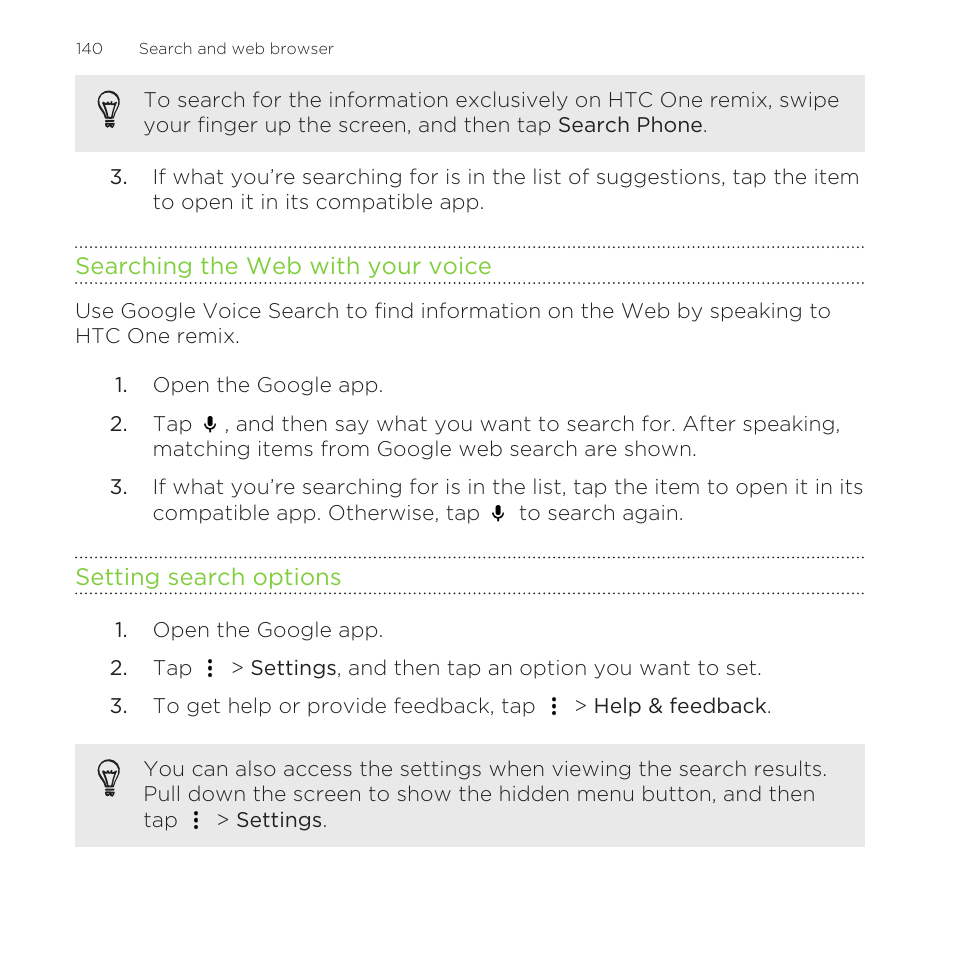 Searching the web with your voice, Setting search options | HTC One Remix User Manual | Page 140 / 285
