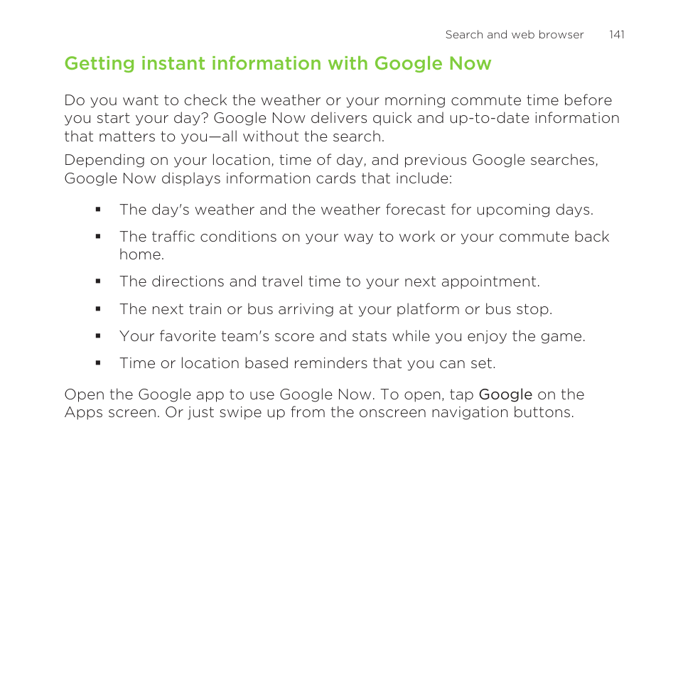 Getting instant information with google now, Getting instant information, With google now | HTC One Remix User Manual | Page 141 / 285