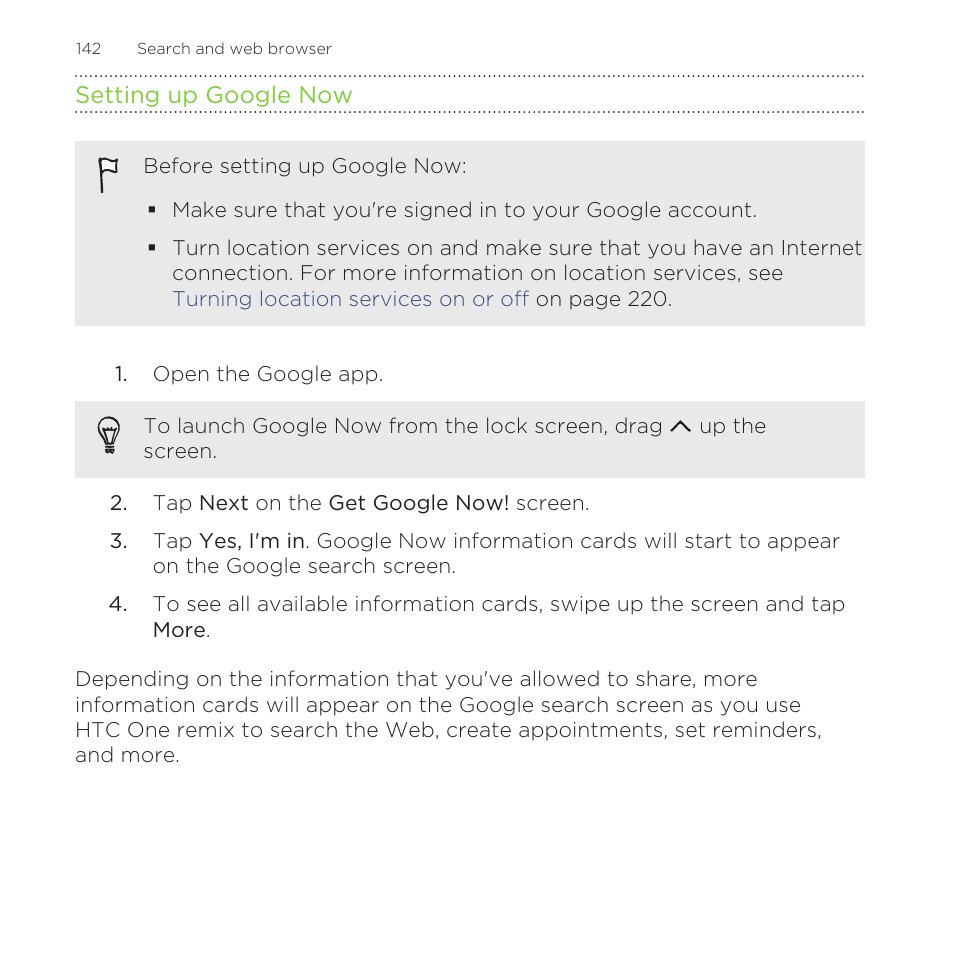 Setting up google now | HTC One Remix User Manual | Page 142 / 285