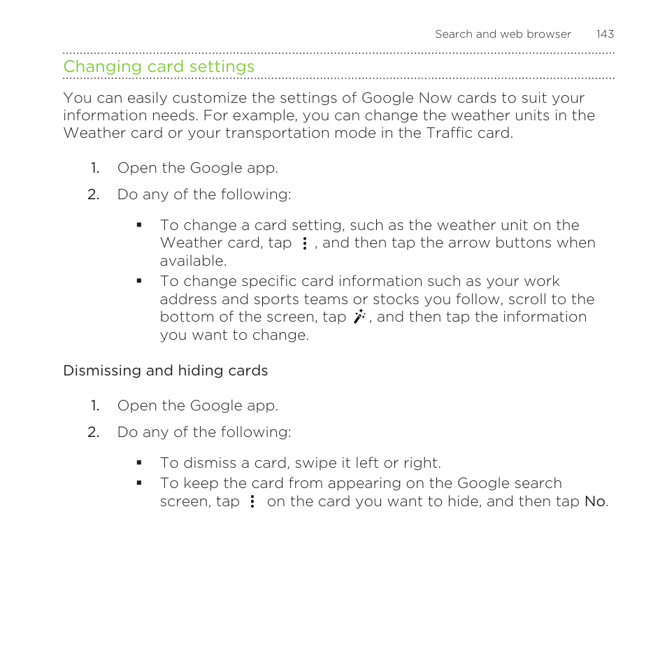 Changing card settings, Dismissing and hiding cards | HTC One Remix User Manual | Page 143 / 285