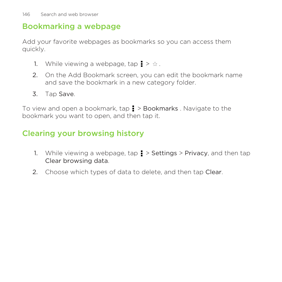 Clearing your browsing history, Bookmarking a webpage | HTC One Remix User Manual | Page 146 / 285