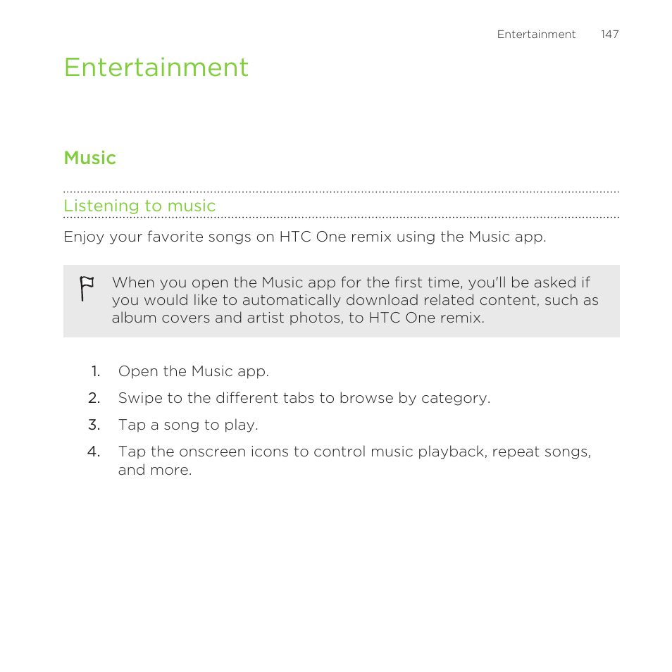 Entertainment, Music, Listening to music | HTC One Remix User Manual | Page 147 / 285