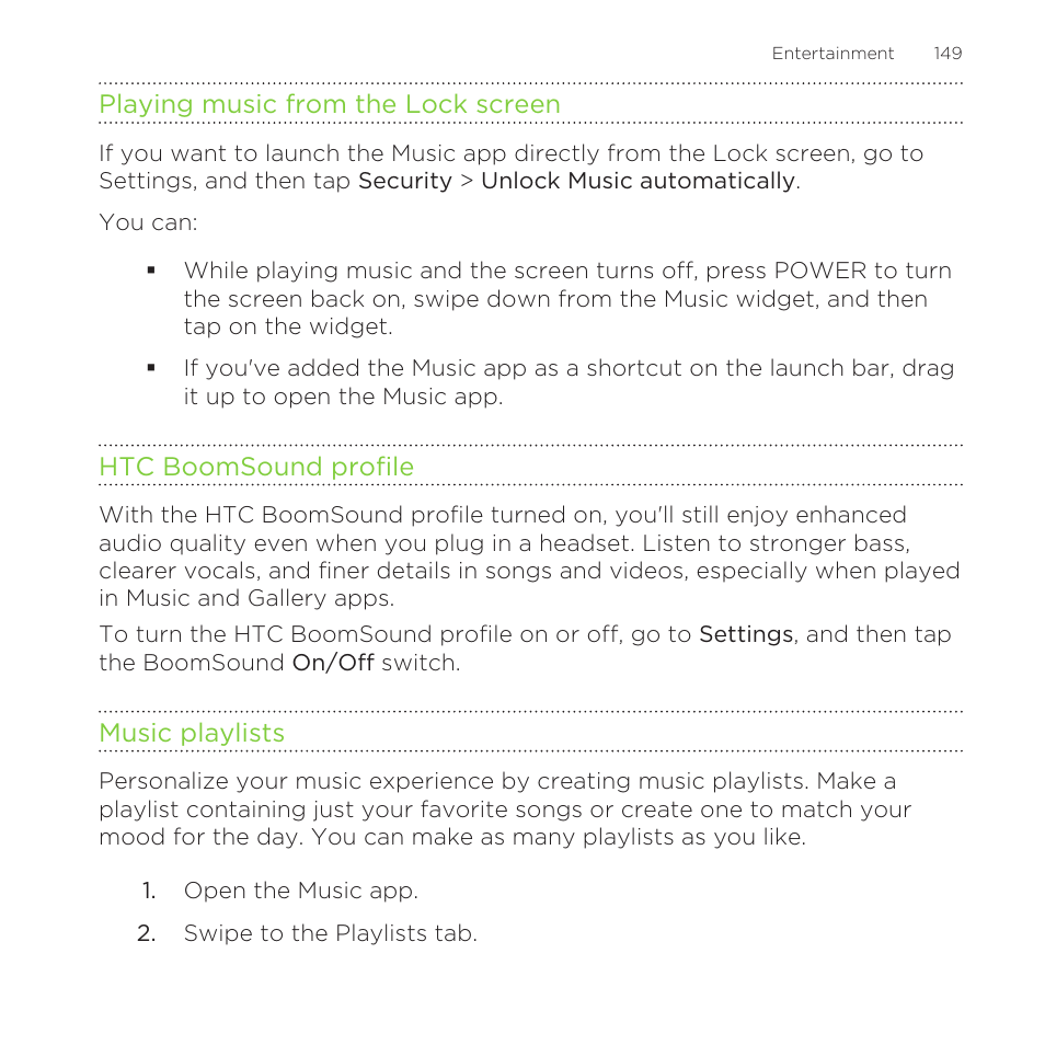 Playing music from the lock screen, Htc boomsound profile, Music playlists | HTC One Remix User Manual | Page 149 / 285