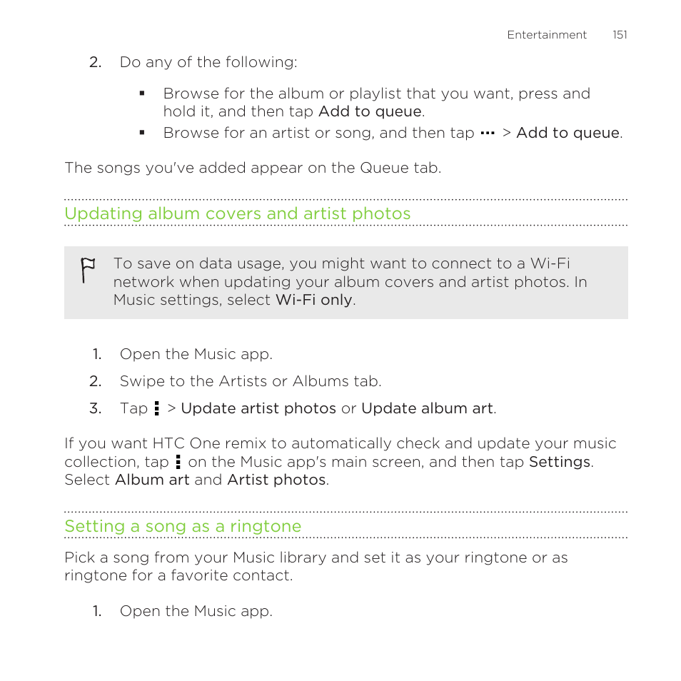 Updating album covers and artist photos, Setting a song as a ringtone | HTC One Remix User Manual | Page 151 / 285