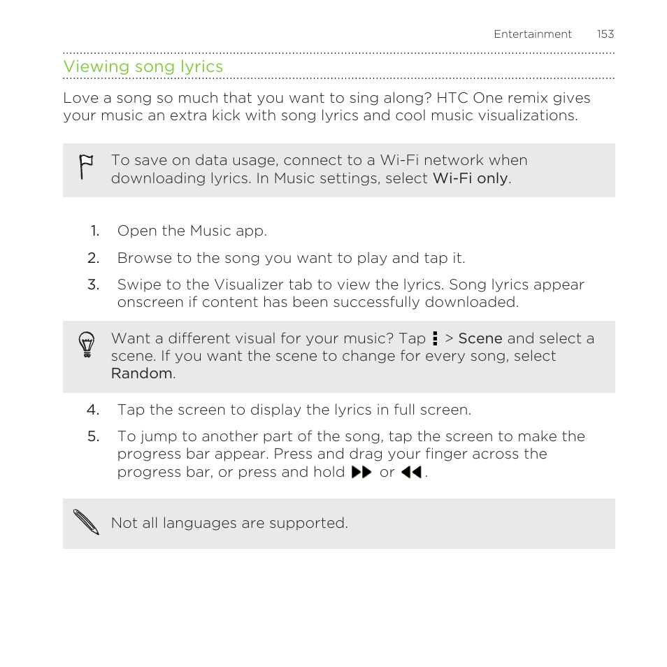 Viewing song lyrics, Viewing song, Lyrics | HTC One Remix User Manual | Page 153 / 285