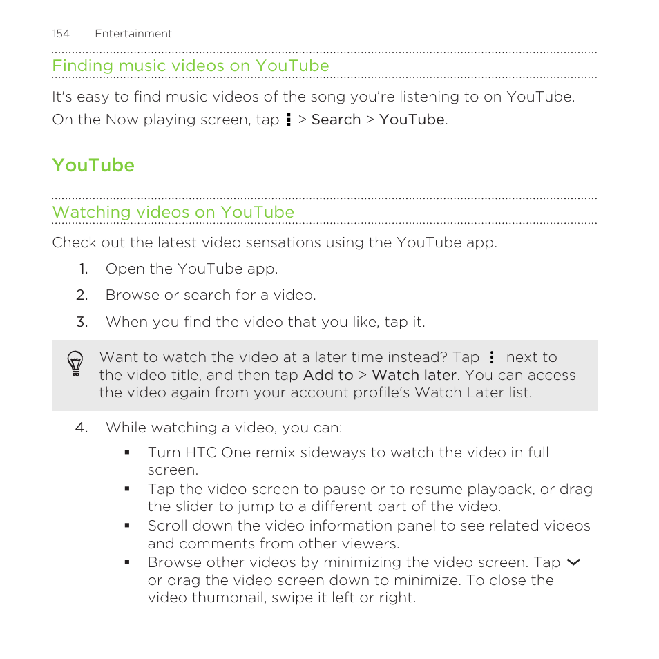 Finding music videos on youtube, Youtube, Watching videos on youtube | HTC One Remix User Manual | Page 154 / 285