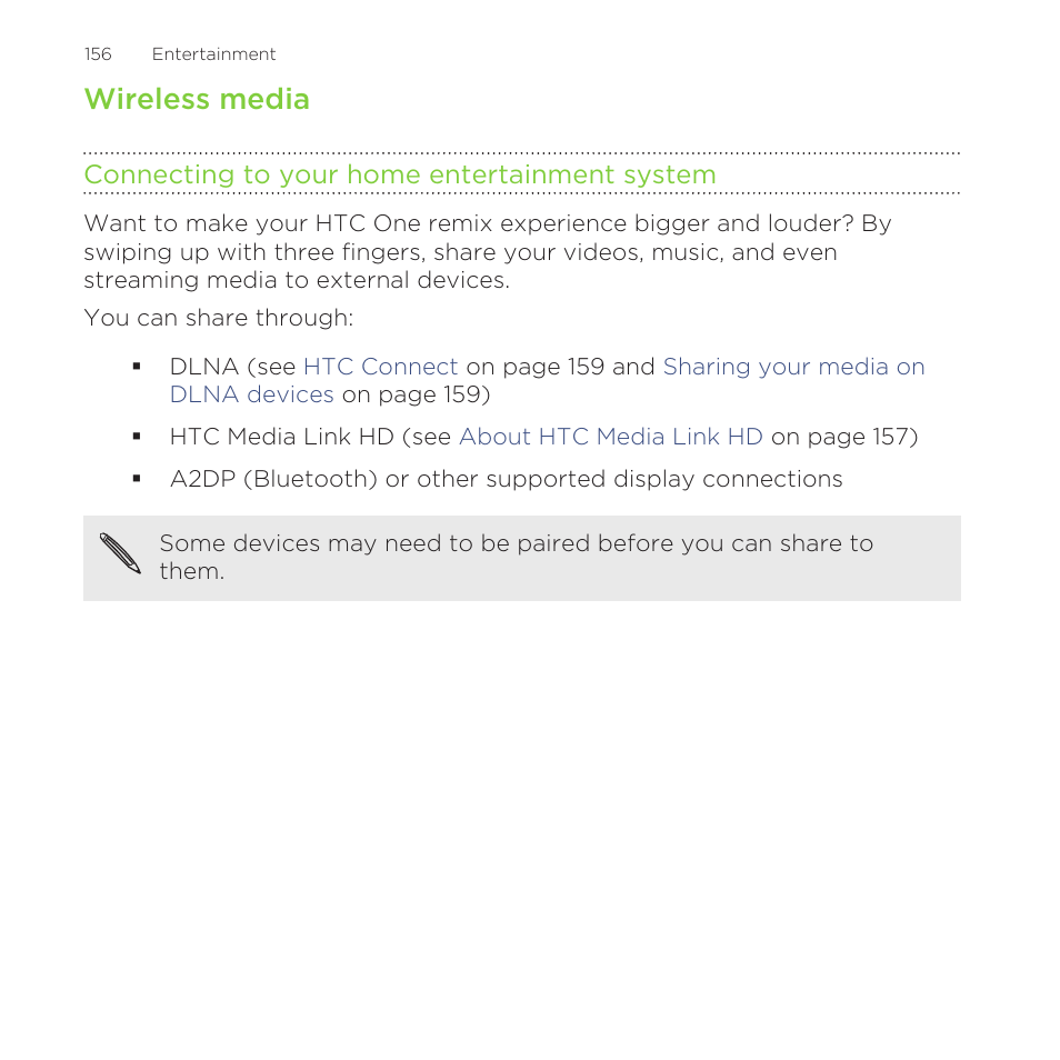 Wireless media, Connecting to your home entertainment system | HTC One Remix User Manual | Page 156 / 285