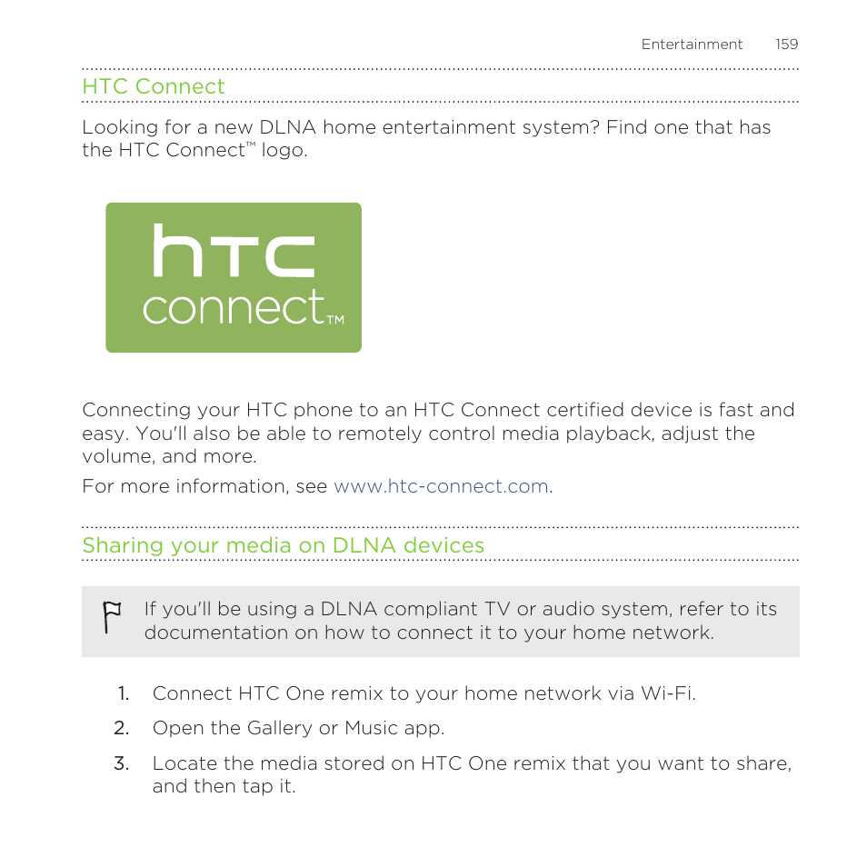 Htc connect, Sharing your media on dlna devices, Sharing your media on | Dlna devices | HTC One Remix User Manual | Page 159 / 285