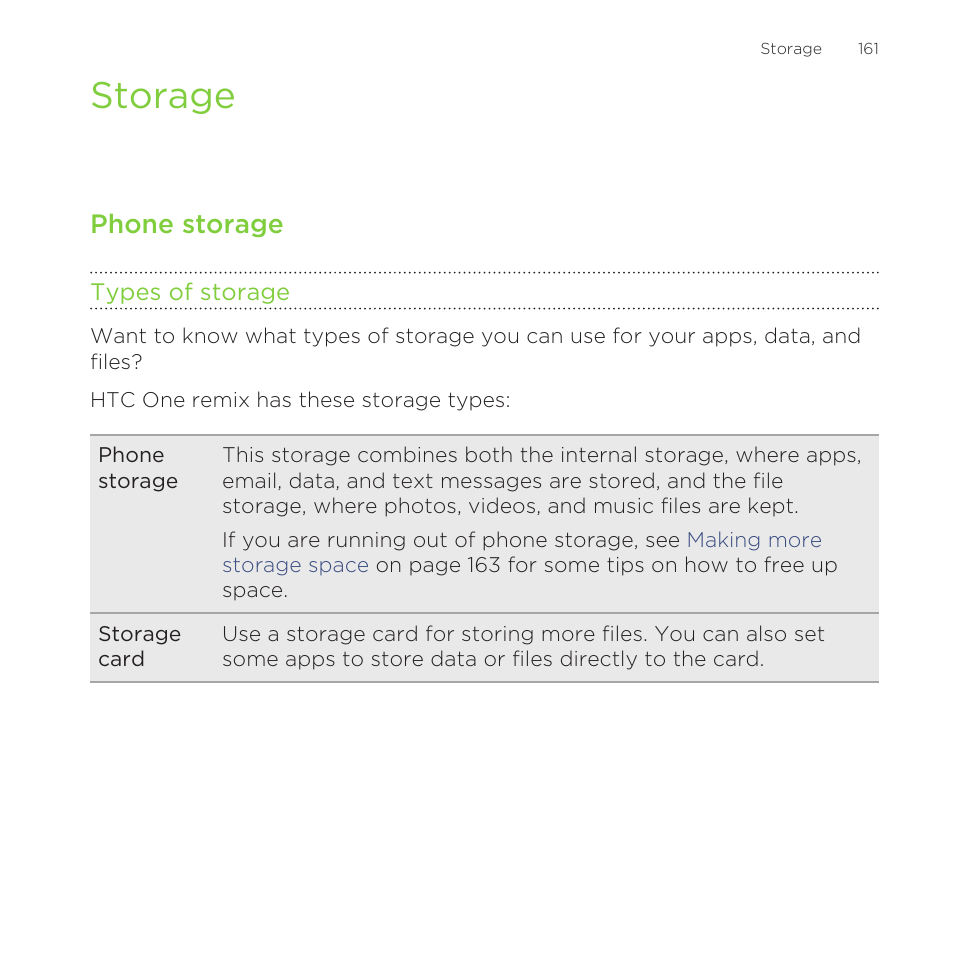 Storage, Phone storage, Types of storage | HTC One Remix User Manual | Page 161 / 285