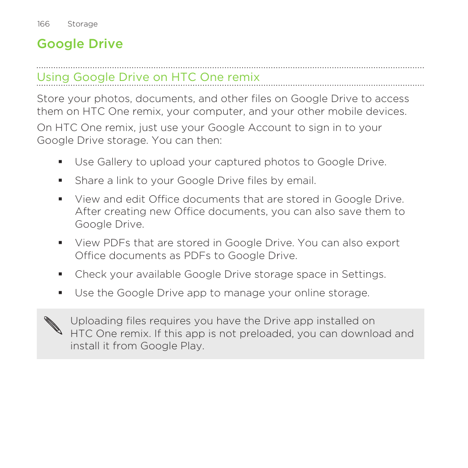 Google drive, Using google drive on htc one remix | HTC One Remix User Manual | Page 166 / 285