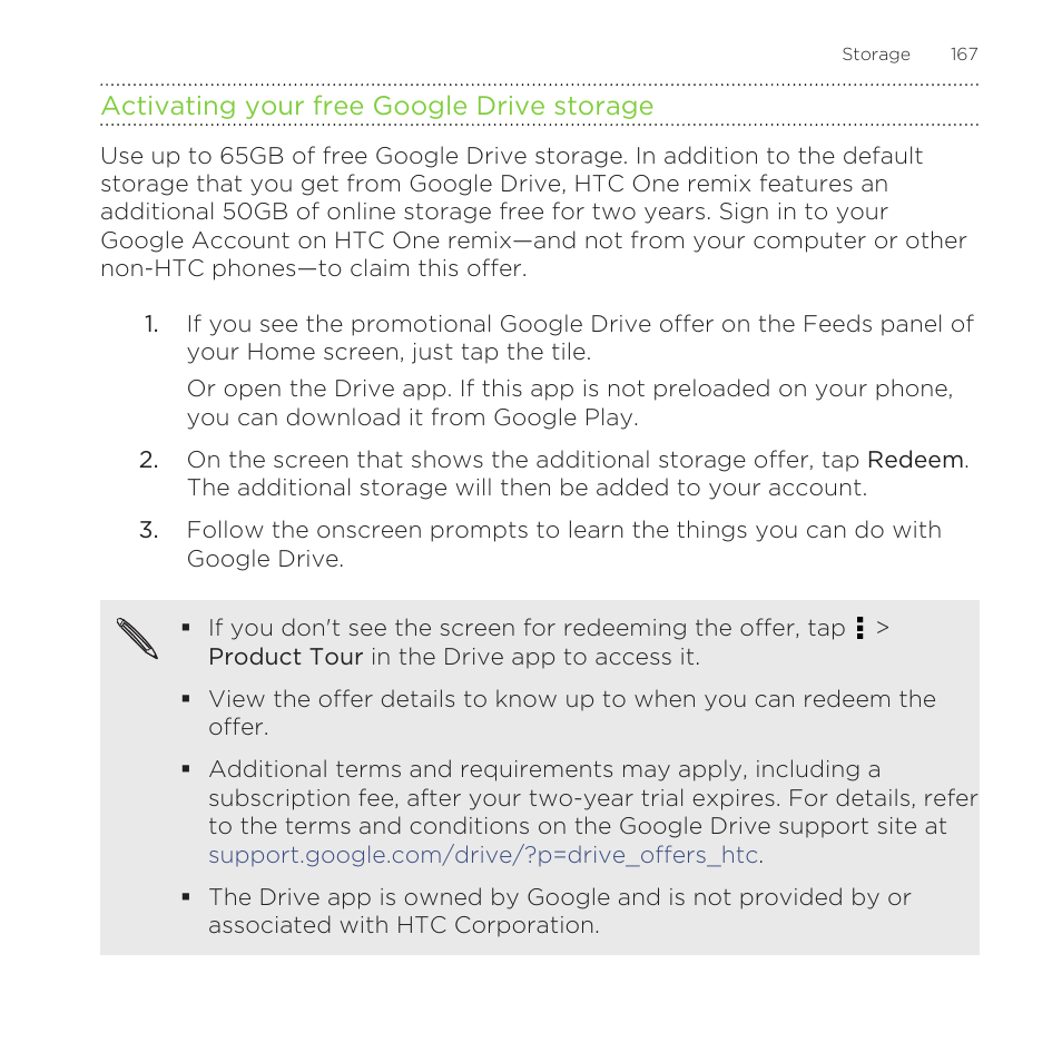 Activating your free google drive storage, For 2 years. see | HTC One Remix User Manual | Page 167 / 285