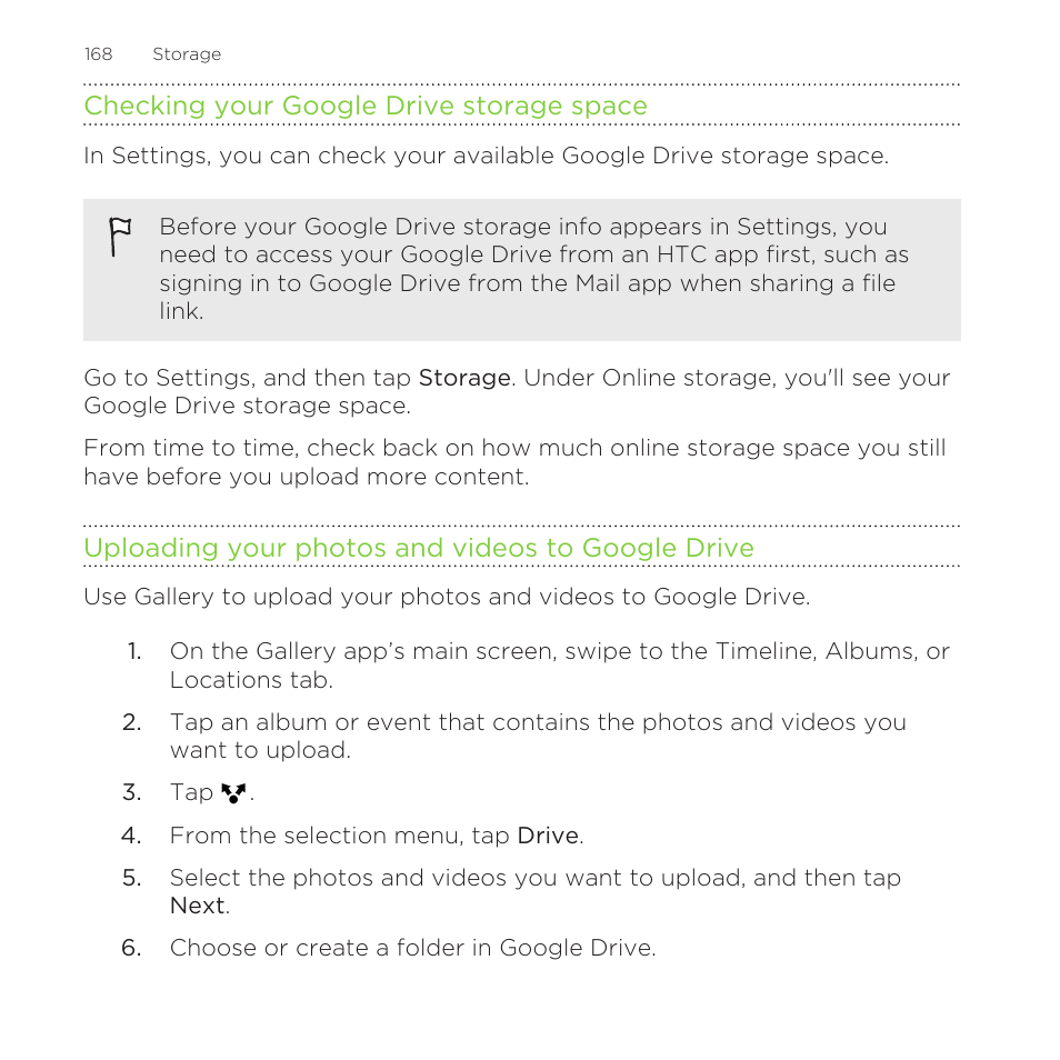 Checking your google drive storage space, Uploading your photos and videos to google drive | HTC One Remix User Manual | Page 168 / 285